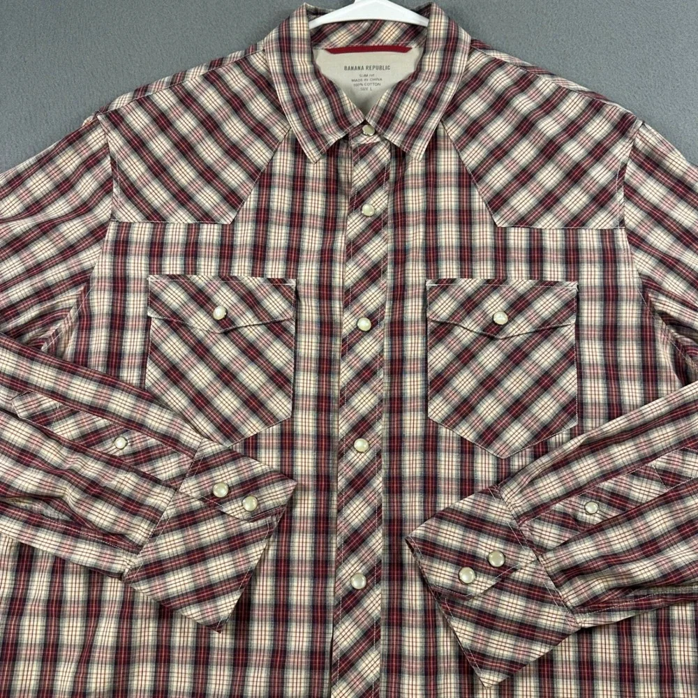 Banana Republic Mens Slim Fit Western Plaid Snap Button Shirt Red Cream Large